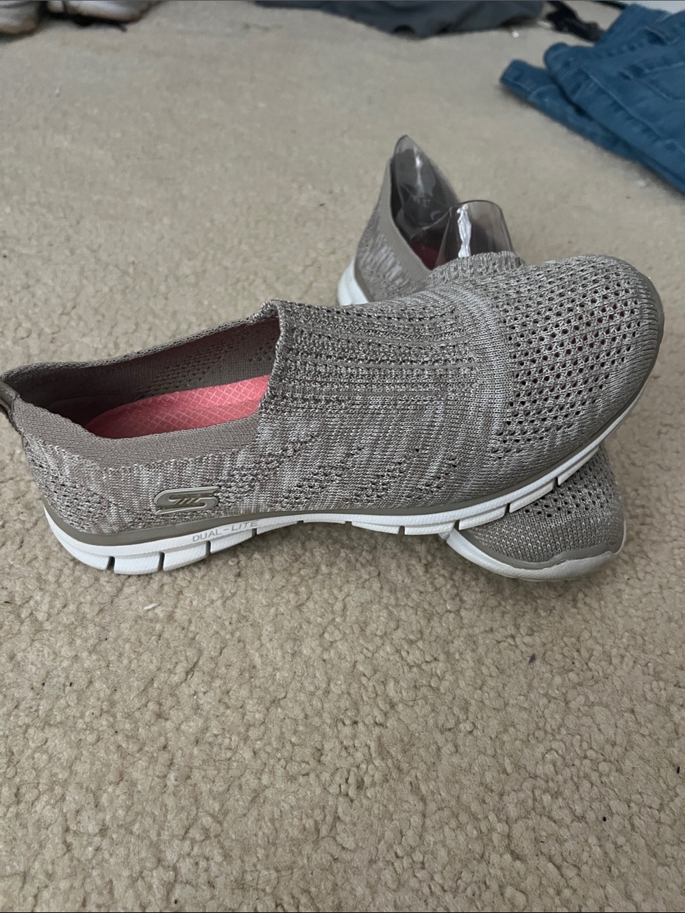 Skechers knit slip-on walking shoes in taupe with white sole